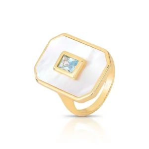 Anel Ouro Madre Perola Zircônia Azul